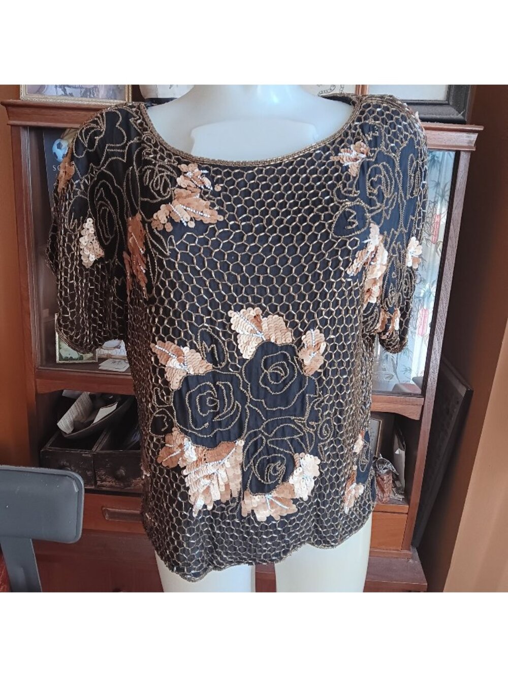 Small Vintage Blouse Top Sequin & Beaded Floral Womens Carolyne Barton India 90s